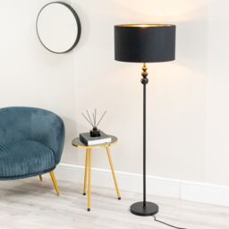 ValueLights Marissa Black & Metallic Gold Shade with Black Stacked Ball Floor Lamp - thumbnail 1
