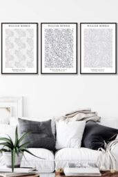 ARTZE Set of 3 Black Framed Light Grey William Morris Vintage Floral Wall Art - Size: W33 cm x H45 cm x D20mm