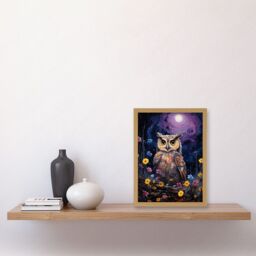Artery8 Wall Art Print Great Horned Owl Portrait with Lavender Full Moon Oil Painting Spring Night in Countryside Flower Meadow Artwork Framed A4 - thumbnail 2