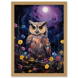 Artery8 Wall Art Print Great Horned Owl Portrait with Lavender Full Moon Oil Painting Spring Night in Countryside Flower Meadow Artwork Framed A4 - thumbnail 1