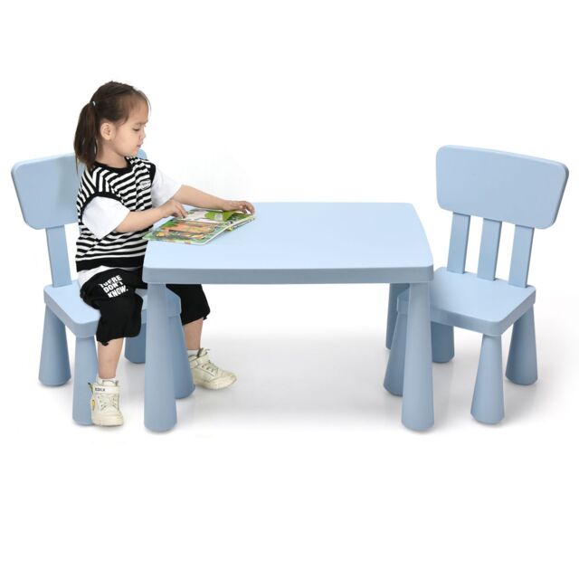 Costway Children Play Table with 2 Chairs Set for Eating Drawing Writing in Baby Blue