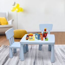 Costway Children Play Table with 2 Chairs Set for Eating Drawing Writing in Baby Blue - thumbnail 4