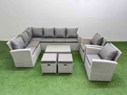 Fimous 10 Seater Garden Outdoor PE Rattan Furniture Set with 2 Small Stools in Light Grey - thumbnail 1