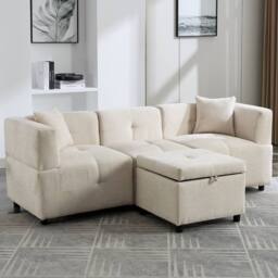 Merax 4-Seater Modular L-Shaped Sectional Sofa with Storage Ottoman in Beige - thumbnail 6