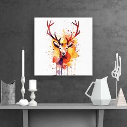 "Warren Reed - Designer Watercolour Stag Face Canvas in Orange - Size: W30"" x H30""" - thumbnail 2