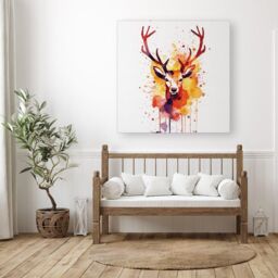 "Warren Reed - Designer Watercolour Stag Face Canvas in Orange - Size: W30"" x H30""" - thumbnail 3