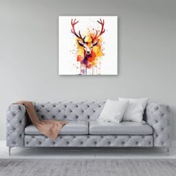 "Warren Reed - Designer Watercolour Stag Face Canvas in Orange - Size: W30"" x H30""" - thumbnail 4