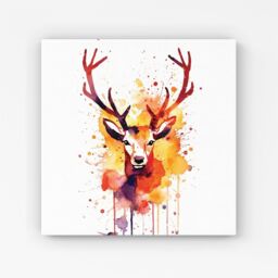 "Warren Reed - Designer Watercolour Stag Face Canvas in Orange - Size: W30"" x H30""" - thumbnail 1