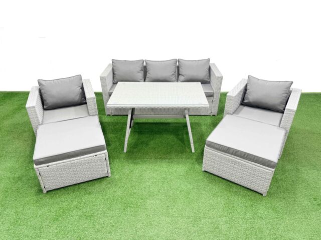 Fimous 7 Pieces Outdoor PE Rattan Sofa Armchair Set with 2 Big Stools in Light Grey - image 1