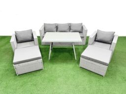 Fimous 7 Pieces Outdoor PE Rattan Sofa Armchair Set with 2 Big Stools in Light Grey - thumbnail 1