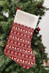 Neel Blue Christmas Stocking Reindeer & Xmas Tree Design Velvet Hanging Santa Sack in Red - thumbnail 2