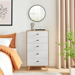 FurnitureboxUK Bisset Off-White & Wood Effect Chest of 5 Drawers - thumbnail 2