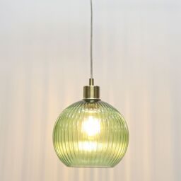First Choice Lighting Betchley - Green Ribbed Glass Globe with Satin Brass Pendant Fitting - thumbnail 5