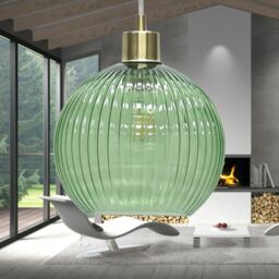 First Choice Lighting Betchley - Green Ribbed Glass Globe with Satin Brass Pendant Fitting - thumbnail 4