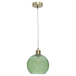 First Choice Lighting Betchley - Green Ribbed Glass Globe with Satin Brass Pendant Fitting - thumbnail 1