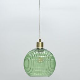 First Choice Lighting Betchley - Green Ribbed Glass Globe with Satin Brass Pendant Fitting - thumbnail 6