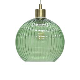 First Choice Lighting Betchley - Green Ribbed Glass Globe with Satin Brass Pendant Fitting - thumbnail 7