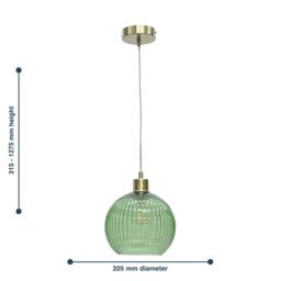 First Choice Lighting Betchley - Green Ribbed Glass Globe with Satin Brass Pendant Fitting - thumbnail 8