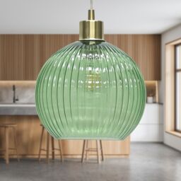 First Choice Lighting Betchley - Green Ribbed Glass Globe with Satin Brass Pendant Fitting - thumbnail 3