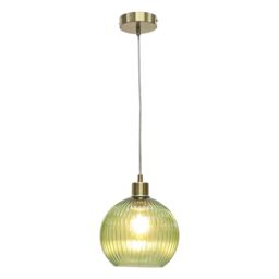 First Choice Lighting Betchley - Green Ribbed Glass Globe with Satin Brass Pendant Fitting - thumbnail 2