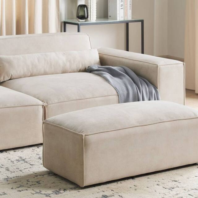 Wyld and Coco Beige Velvet Ottoman Footstool - Compact Minimalist Footrest - image 1