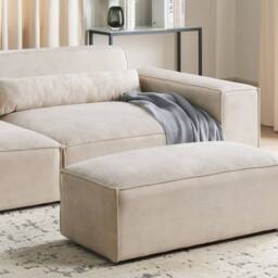 Wyld and Coco Beige Velvet Ottoman Footstool - Compact Minimalist Footrest - thumbnail 1