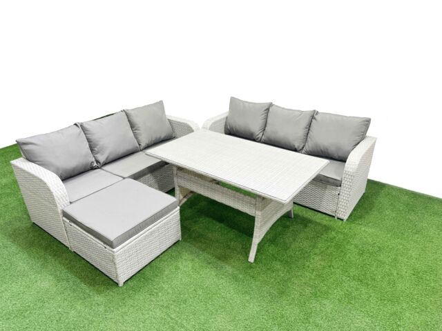 Fimous Outdoor Garden Furniture Sets 7 Seater Wicker Rattan Furniture Sofa Sets w/ Rectangular Dining Table high Back Lounge Sofa Big Footstool Light - image 1
