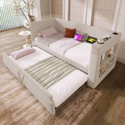 STILVORA Daybed 3ft Single with Pull-Out Trundle & USB in Beige - thumbnail 1