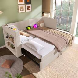 STILVORA Daybed 3ft Single with Pull-Out Trundle & USB in Beige - thumbnail 7