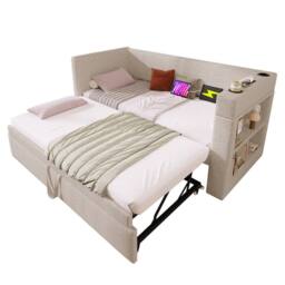 STILVORA Daybed 3ft Single with Pull-Out Trundle & USB in Beige - thumbnail 5