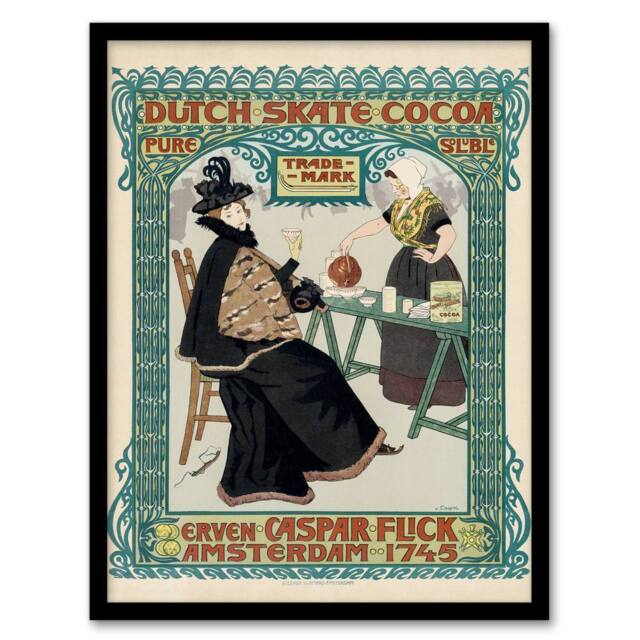Artery8 Johann Georg van Caspel Framed Wall Art Dutch Skate Cocoa Advert in Green - Size: A4 - image 1