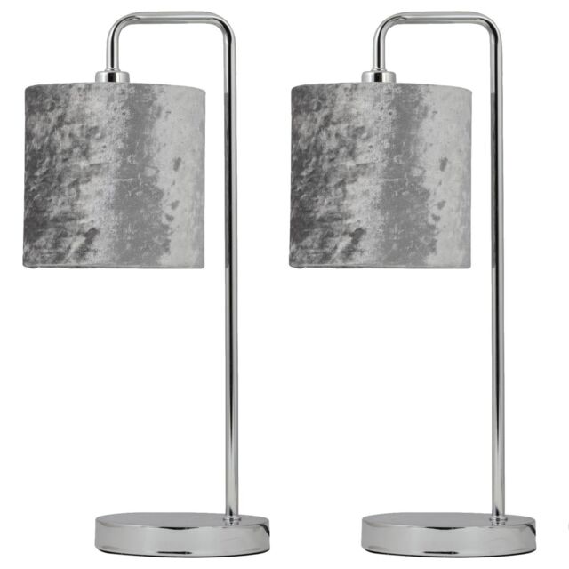 First Choice Lighting Set of 2 Chrome Arched Table Lamps with Grey Crushed Velvet Shades in Silver - image 1