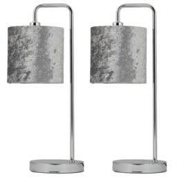 First Choice Lighting Set of 2 Chrome Arched Table Lamps with Grey Crushed Velvet Shades in Silver - thumbnail 1