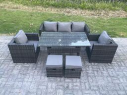 Fimous 7 Seater PE Wicker Rattan Garden Furniture Set Lounge Sofa Chair Dining Table Set 2 Stools in Dark Grey - thumbnail 1