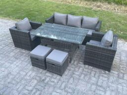 Fimous 7 Seater PE Wicker Rattan Garden Furniture Set Lounge Sofa Chair Dining Table Set 2 Stools in Dark Grey - thumbnail 2