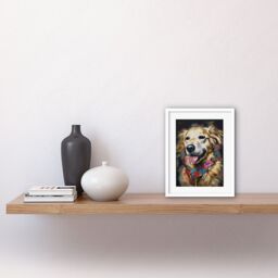 "Artery8 Wall Art Print Golden Retriever Dog with Floral Bandana Collar Artwork Framed 9X7 Inch in White - Size: W7"" x H9""" - thumbnail 2