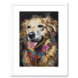 "Artery8 Wall Art Print Golden Retriever Dog with Floral Bandana Collar Artwork Framed 9X7 Inch in White - Size: W7"" x H9""" - thumbnail 1
