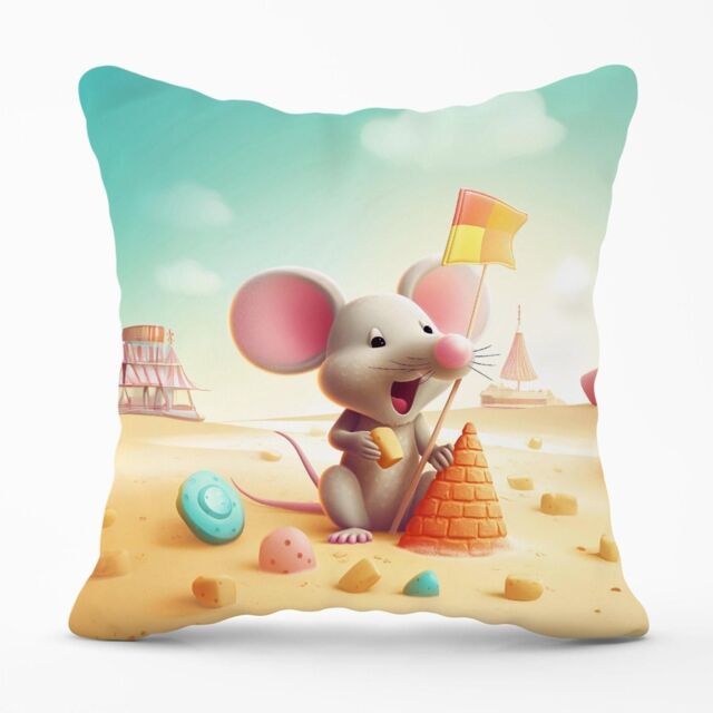 Warren Reed - Designer A Mouse On A Beach Holiday Outdoor Cushion in Yellow - Size: 60 cm x 60 cm - image 1