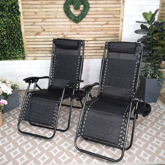 Samuel Alexander Set of 2 Multi Position Garden Gravity Relaxer Chair Sun Lounger with Sun Canopy in Black - image 1