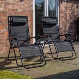 Samuel Alexander Set of 2 Multi Position Garden Gravity Relaxer Chair Sun Lounger with Sun Canopy in Black - thumbnail 6