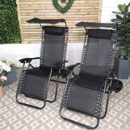 Samuel Alexander Set of 2 Multi Position Garden Gravity Relaxer Chair Sun Lounger with Sun Canopy in Black - thumbnail 2