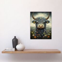 "Artery8 Small Blue Highland Cow In Wildflower Meadow Fun Wee Blue Coo Artwork Unframed Wall Art Print Poster Home Decor Premium - Size: W12"" x H16""" - thumbnail 4