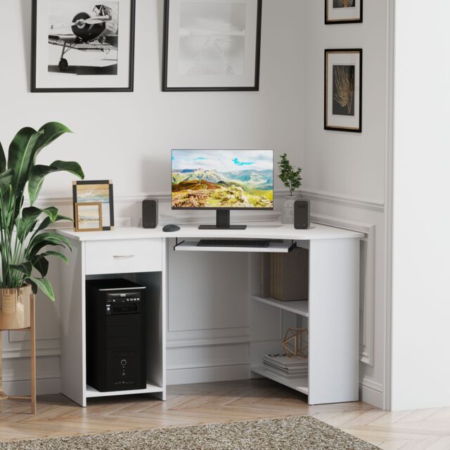 HOMCOM L-Shaped Corner Computer Desk w/ 2 Shelves Worktop Keyboard Tray in White - image 1
