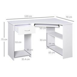 HOMCOM L-Shaped Corner Computer Desk w/ 2 Shelves Worktop Keyboard Tray in White - thumbnail 3