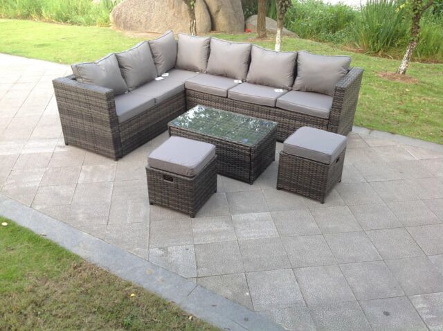 Fimous 8 Seater Grey Rattan Corner Sofa Set Coffee Oblong Coffee Table Outdoor Garden Furniture Patio in Dark Grey - image 1