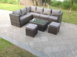 Fimous 8 Seater Grey Rattan Corner Sofa Set Coffee Oblong Coffee Table Outdoor Garden Furniture Patio in Dark Grey - thumbnail 4