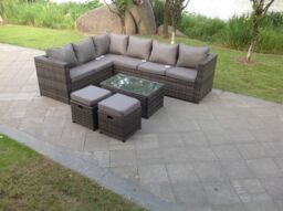Fimous 8 Seater Grey Rattan Corner Sofa Set Coffee Oblong Coffee Table Outdoor Garden Furniture Patio in Dark Grey - thumbnail 2