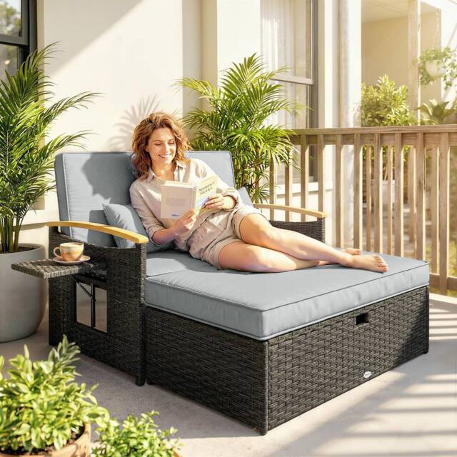 OUTSUNNY Double Garden Rattan Daybed with Storage Ottoman, Dark Grey - Size: 120 cm x 70 cm - image 1