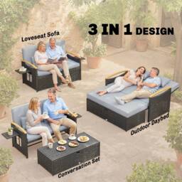 OUTSUNNY Double Garden Rattan Daybed with Storage Ottoman, Dark Grey - Size: 120 cm x 70 cm - thumbnail 4