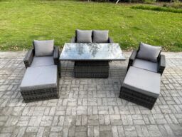 Fimous Wicker Rattan Garden Furniture Rising Table Set with 2 Big Footstool Double Seat Sofa Armchairs Dark Grey Mixed - thumbnail 1